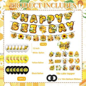Detailed list of bee party set with Happy Birthday banner, yellow balloons and cake toppers