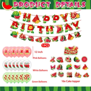 Summer watermelon birthday party decoration set with banners, cake toppers and balloons