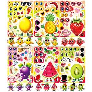 Cartoon fruit DIY stickers featuring strawberry, watermelon, and pineapple for kids' party fun