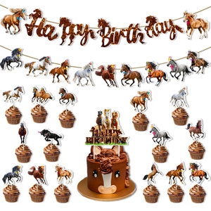 Horse theme birthday party decoration set with brown glitter banners and horse cake toppers