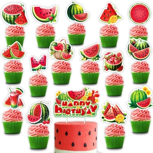 Watermelon birthday cake topper set with Happy Birthday banner and fruit party decor