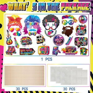 30-piece 80s retro party photo booth props with neon disco theme and wooden sticks
