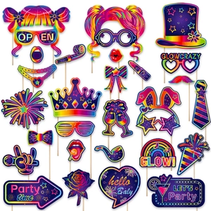 Neon Glow Birthday Party Photo Booth Props Retro Disco Theme Fluorescence Paper Props For Wedding Party Decorations