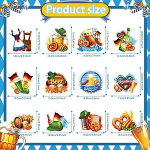 Size chart for Oktoberfest hanging decorations with dimensions for diverse party ornaments