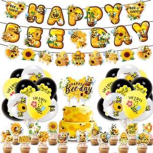 Close-up of Happy Bee-Day banner and honey bee party balloon set for kids birthdays