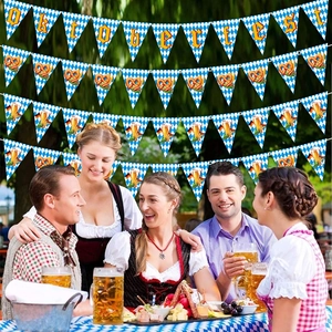 Oktoberfest party banners with blue diamond patterns and festive beer icons for decor