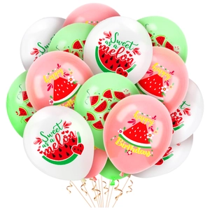 Close-up of colorful watermelon themed latex balloons with festive Sweet as a Melon print