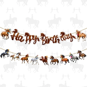 Detail of horse-themed Happy Birthday banner featuring realistic horse cutouts and glitter