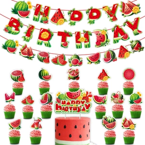 Watermelon themed happy birthday banner and cake toppers set for summer party decor