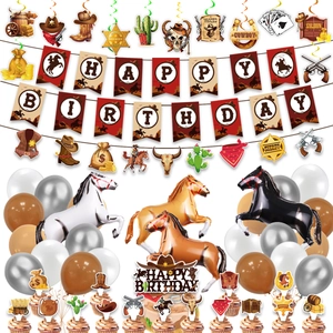 Décorations de Fête d'Anniversaire Western Cowboy Bannière Happy Birthday Ballons en Aluminium Cheval Accessoires de Fête