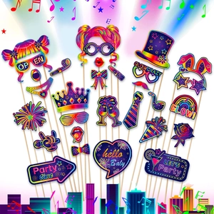 Neon glow party photo booth props kit with colorful glasses, ties and party time signs