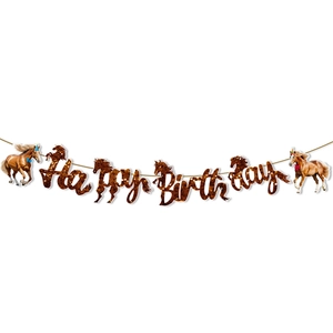 Brown glitter horse-themed Happy Birthday banner for equestrian party decorations