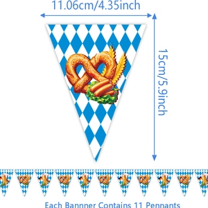 Oktoberfest party banner with Bavarian blue diamonds, pretzels and sausage motifs