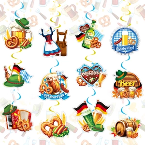 Set of 12 Oktoberfest party hanging decorations with beer pretzels and festive icons