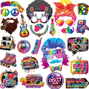 80s Retro Party Photo Props Set with Neon Glasses and Vintage Disco Themed Decorations