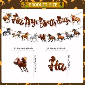 Horse birthday banner set with glitter letters and racing horse cutouts with size guide
