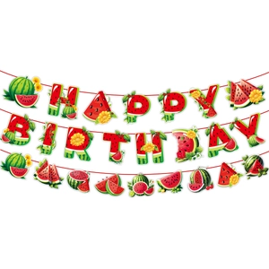Close-up of Happy Birthday watermelon bunting banner with vibrant summer fruit patterns