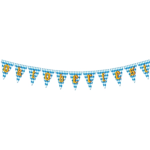Blue and white checkered Oktoberfest banner with yellow letters for party decorations