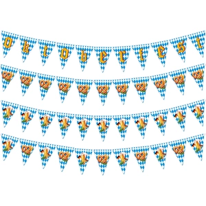 Oktoberfest party banners with Bavarian check patterns featuring pretzels and beer mugs
