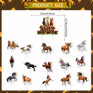 Detailed view of horse-themed happy birthday cake topper set with size measurements