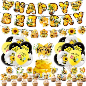 Bee Theme Birthday Party Decorations Set Sunflower Banner Cake Toppers Latex Balloons Yellow Black White For Kids Celebration