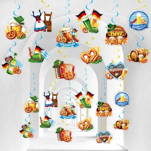 Detail of Oktoberfest party hanging swirls with traditional beer and pretzel cutouts