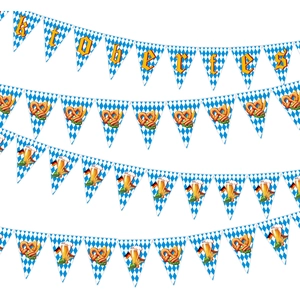 Detailed view of Oktoberfest banners with Bavarian blue white patterns and beer icons