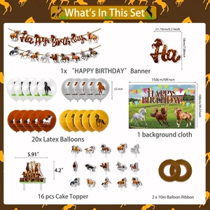 Horse themed party decoration set including banner, balloons, and cake toppers