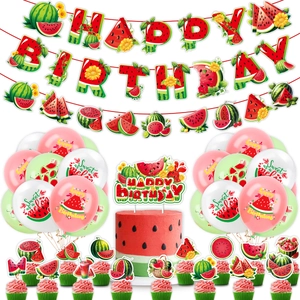 Watermelon birthday party set with banner, balloons, and cake toppers on white background