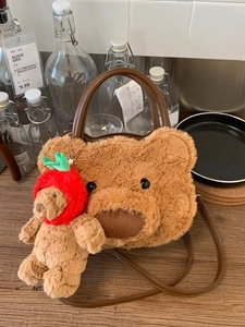 Women Cartoon Bear Shape Plush Shoulder Bag Cute Faux Fur Handbag Brown Autumn Winter Fashion Crossbody Bag Gift