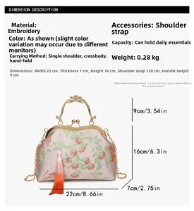 Detailed size chart of vintage embroidery evening bag showing dimensions and chain length