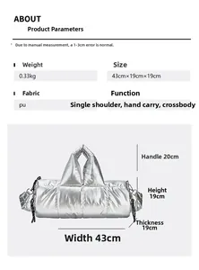 Detail showing ultra-lightweight silver metallic quilted puffer bag weighing only 0.33kg