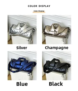 Four color options of metallic quilted puffer bags in silver champagne blue and black