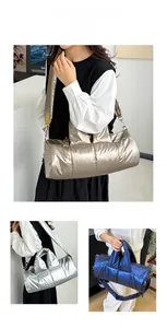 Three colors of quilted puffer bags shown with wide straps and plush texture