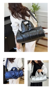 Detailed collage of quilted puffer bags in black, blue, and silver with wide straps