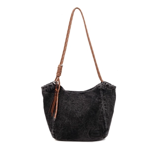 Vintage dark gray denim tote bag with brown braided handles and side tassels on white background