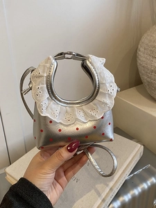 Mini silver leather bag with red polka dots and white lace collar design for women