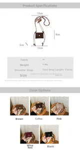 Mini PU leather crossbody bag size chart and five color options with printed cord strap
