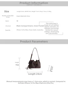 Tableau des tailles détaillé pour le sac seau rétro marron avec dimensions et bandoulière