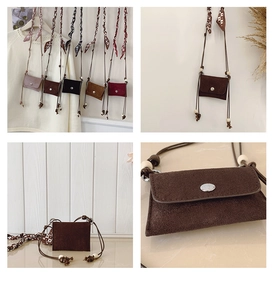 Detailed close-up of mini suede crossbody bags with silk scarf straps and bead accents