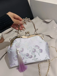 Elegant purple silk brocade handbag with floral embroidery and golden metal frame