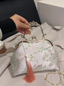Chinese vintage style embroidered handbag with floral rabbit patterns and gold chain