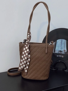Women Woven PU Leather Bucket Bag Large Capacity With Silk Scarf Decor Fashion Handbag Casual Shoulder Bag For Commute