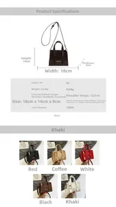 Detailed technical diagram showing PU square bag dimensions 18x14x8cm and five color options