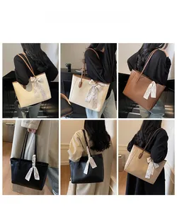Collage of four leather tote bags in various colors featuring decorative silk scarves
