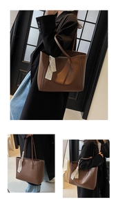 Detail of dark brown faux leather tote bag with a floral scarf accessory on the handle