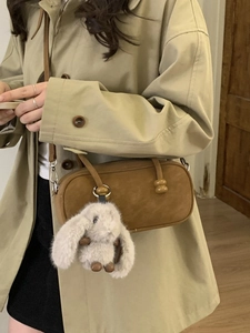 Vintage Bowling Bag For Women Suede PU Leather Shoulder Bag With Plush Rabbit Pendant Urban Casual Crossbody Bag Satchel