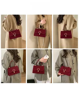 Burgundy velvet handbag shown in multiple wearing styles with pearl chain and gold hardware