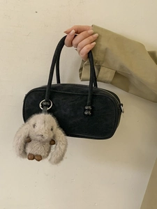 Retro black matte handbag for women with cute grey bunny plush charm accessory