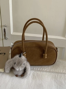 Vintage brown suede bowling handbag for women with wooden beads and bunny pendant